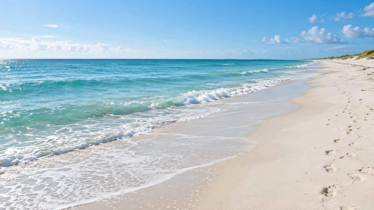 Calm aqua surf rolling onto a wide white-sand beach