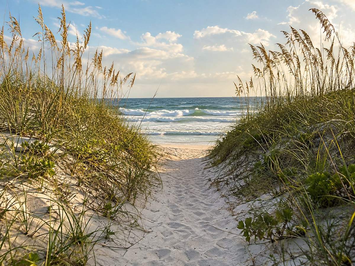 A sandy beach path between sea oats leading to the ocean