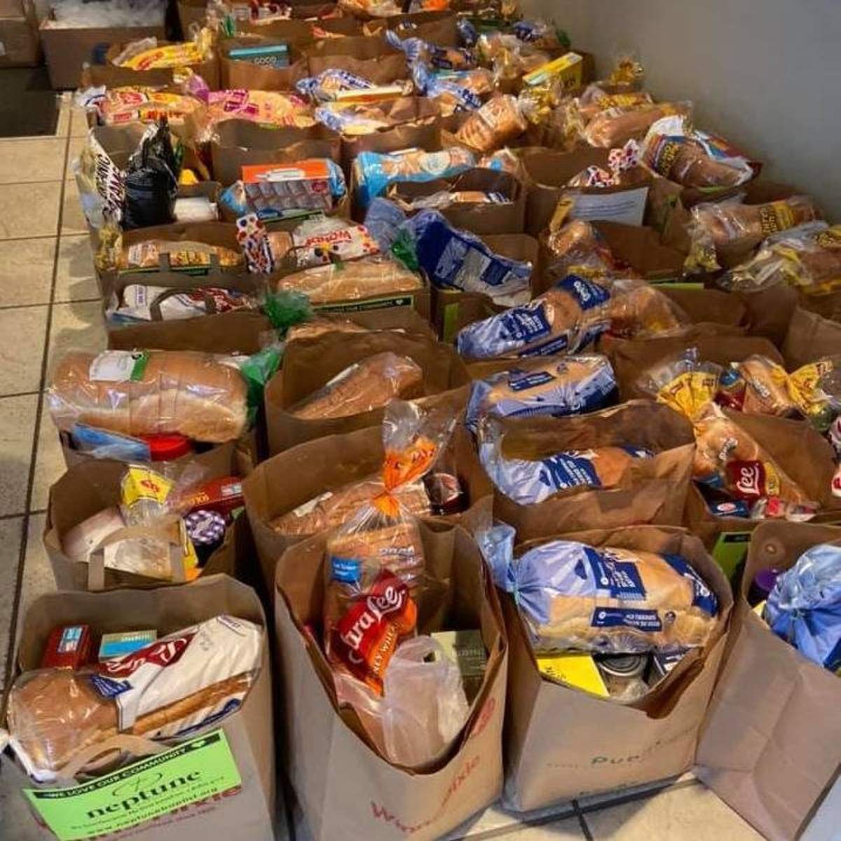 Rows of grocery bags packed for Food Share